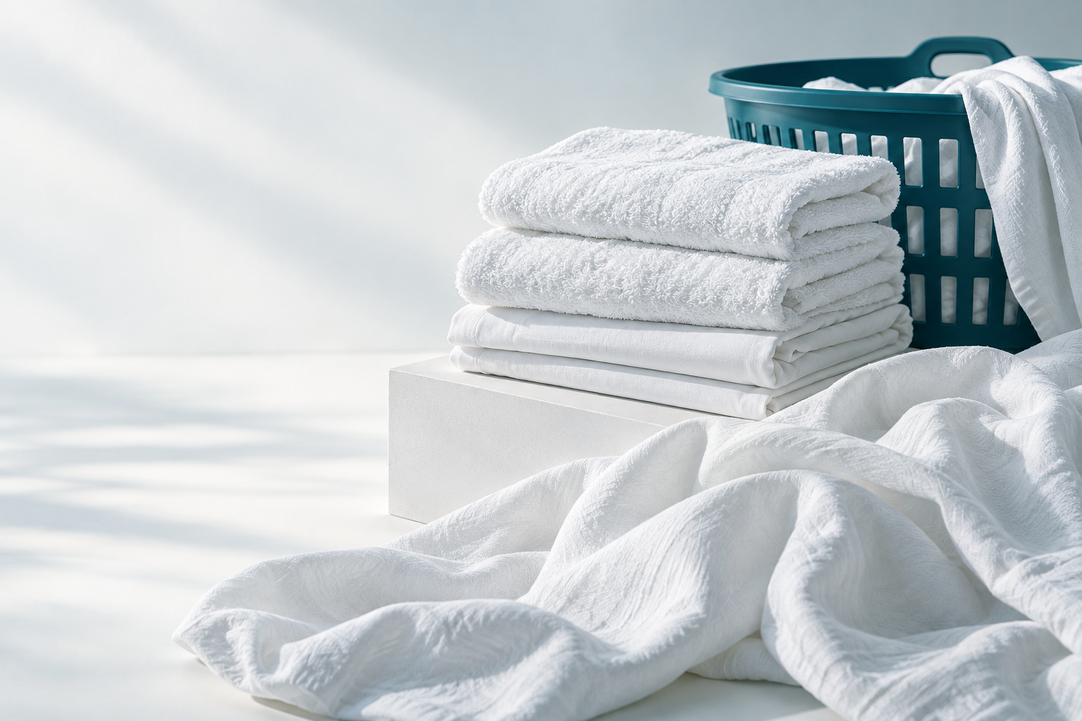 AI-generated illustration of folded white cotton, flowing fabric and a teal laundry basket in an airy studio.